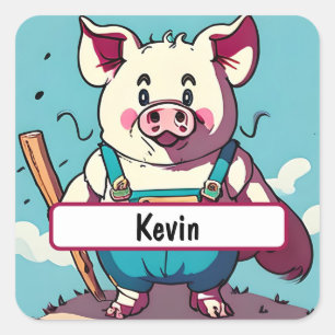 Sticker Carré Porky the Farmer with Customable Nametag