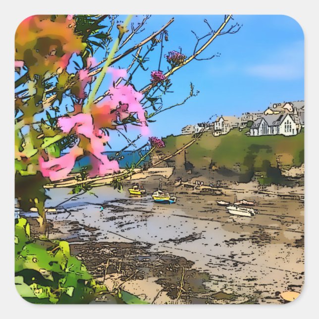 Sticker Carré Port Isaac Cornwall Harbour Friends (Devant)