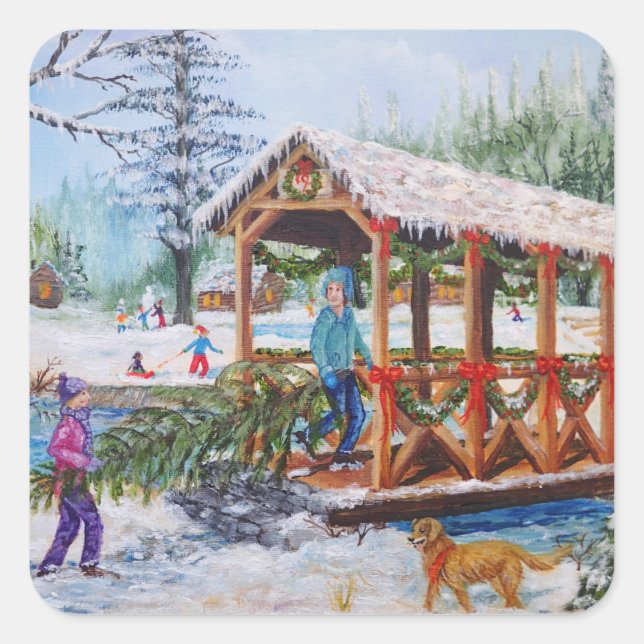Sticker Carré Porter un arbre de Noël à travers la neige (Devant)