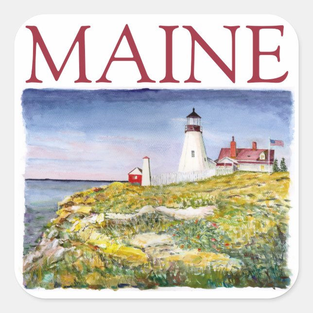 Sticker Carré Portland Head Lighthouse Maine Aquarelle Peinture (Devant)