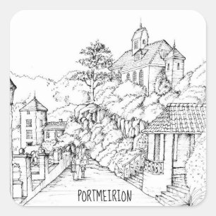 Sticker Carré Portmeirion North Wales Pen and Ink Sketch