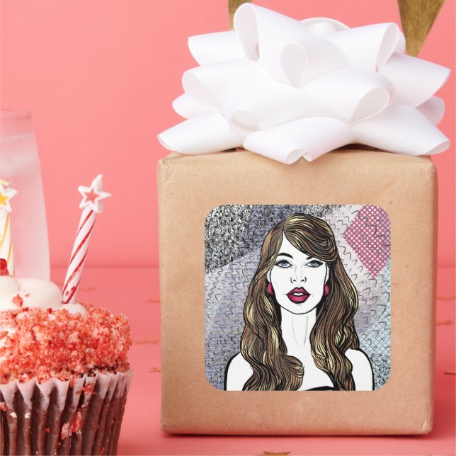 Sticker Carré portrait d’une fille aux longs cheveux bruns (Fête)