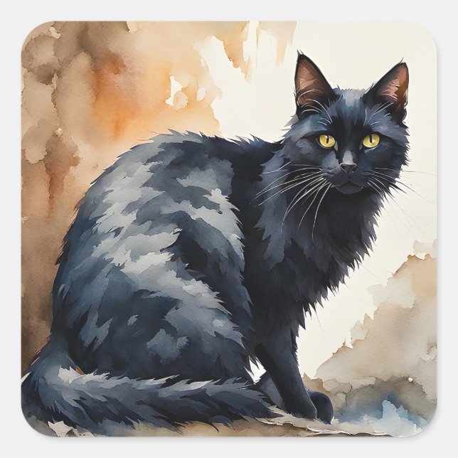 Sticker Carré Portrait d'aquarelle de poitrine de chat noir (Devant)