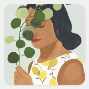 Sticker Carré Portrait de botanique - femme avec la verdure