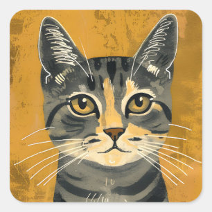 Sticker Carré Portrait de chat tigré minimaliste rétro vintage