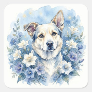 Sticker Carré Portrait de chien floral botanique à l'aquarelle