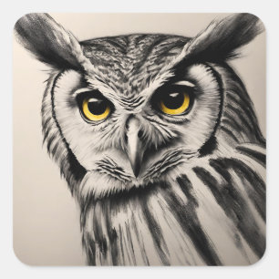 Sticker Carré Portrait de hibou - croquis au charbon