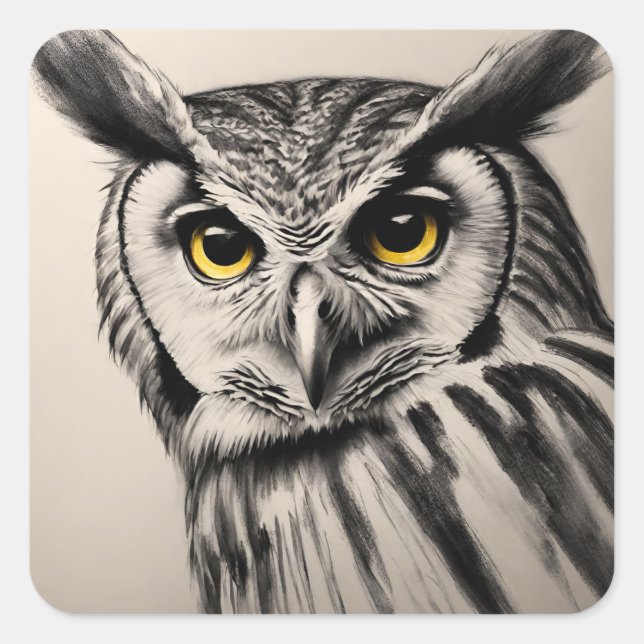 Sticker Carré Portrait de hibou - croquis au charbon (Devant)