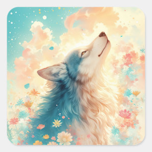Sticker Carré Portrait de loup au pastel dans une prairie de fle