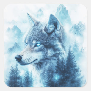 Sticker Carré Portrait de loup aux yeux bleus lumineux