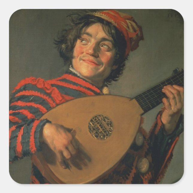 Sticker Carré Portrait d'un Jester avec une Lute (huile sur toil (Devant)