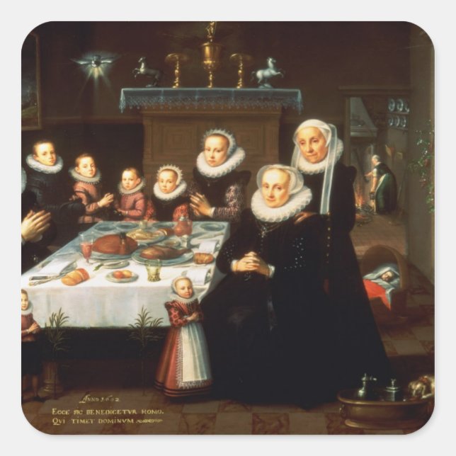 Sticker Carré Portrait d'une famille disant Grace avant un repas (Devant)