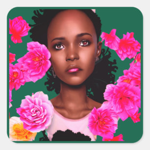 Sticker Carré Portrait d'une jeune femme entourée de fleurs