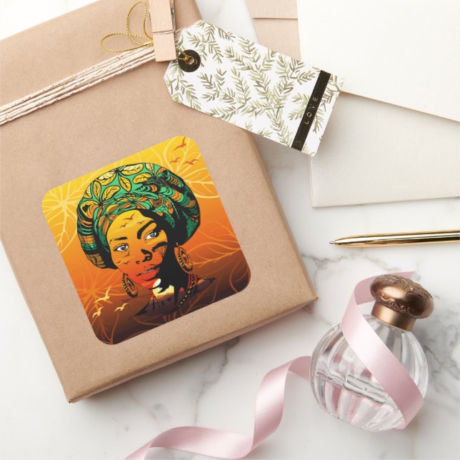 Sticker Carré Portrait féminin africain avec coucher de soleil (Cadeaux)