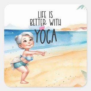 Sticker Carré Pose de Yoga Grandma au bord de la plage