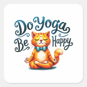 Sticker Carré Pose Yoga Chat - Do Yoga, Be Happy