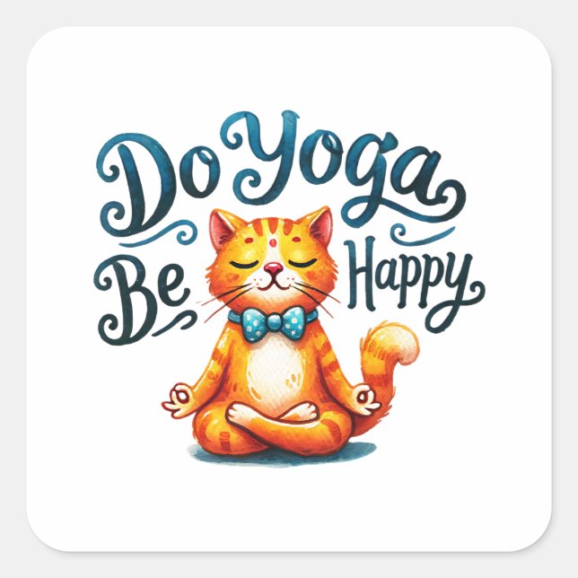 Sticker Carré Pose Yoga Chat - Do Yoga, Be Happy (Devant)