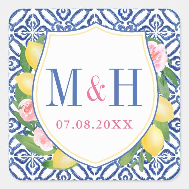 Sticker Carré Positano Lemons Carreaux Bleus Mariage rose Monogr (Devant)