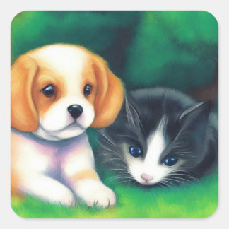 Sticker Carré Post Impressionniste Chat et Chien sur la pelouse