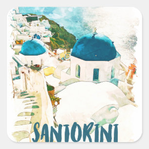 Sticker Carré Poster de l'aquarelle de voyage de Santorini Grèce