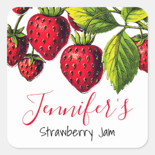 Sticker Carré Pot de confiture de fraises vintage personnalisé