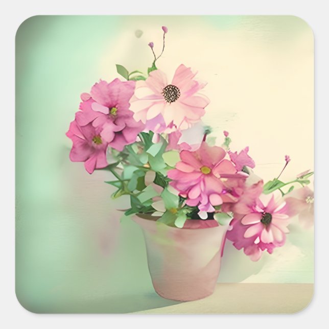 Sticker Carré Pot de fleurs d'aquarelle rose (Devant)
