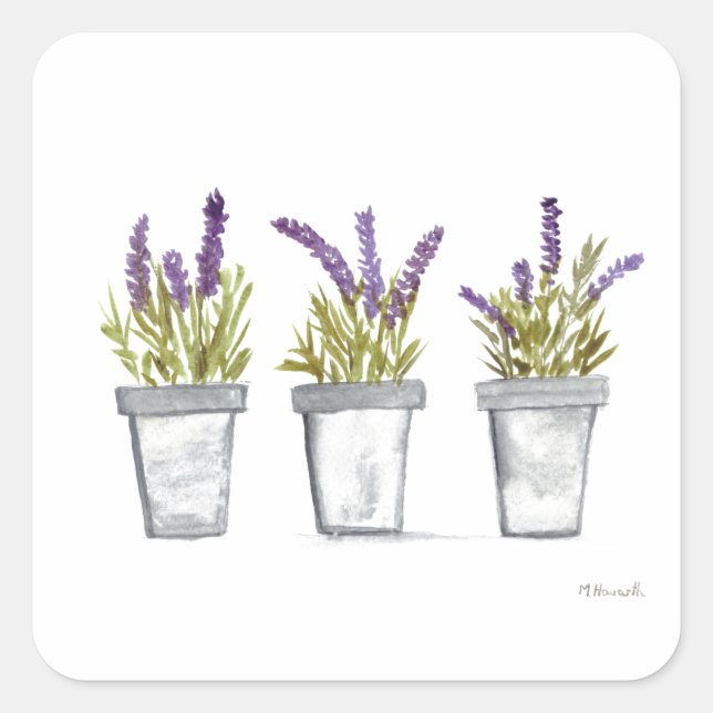Sticker Carré Pots d'herbe lavande aquarelle violet nature plant (Devant)
