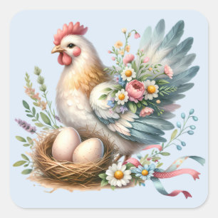 Sticker Carré Poule florale avec charme vintage de ferme