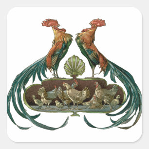 Sticker Carré Poulets et coqs Art Nouveau vintage