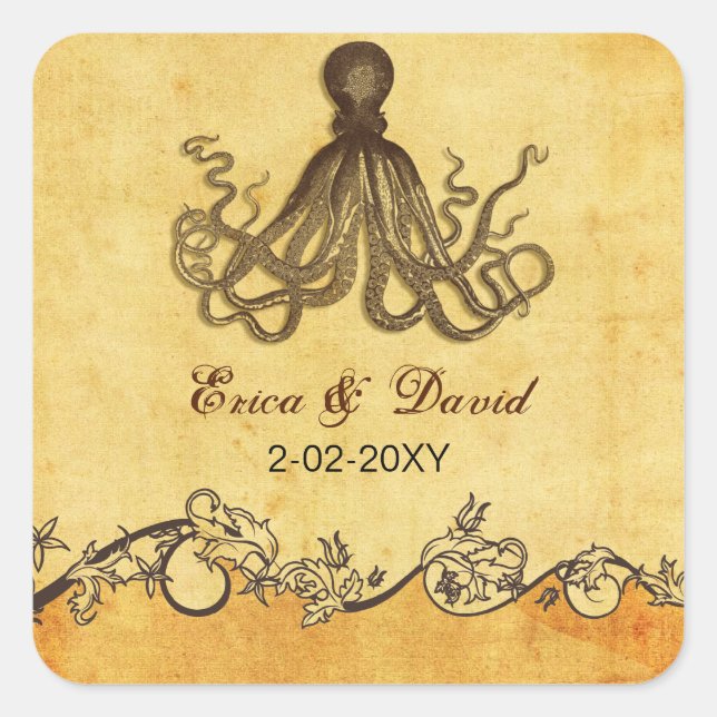 Sticker Carré poulpe rustique plage mariage enveloppes phoques (Devant)