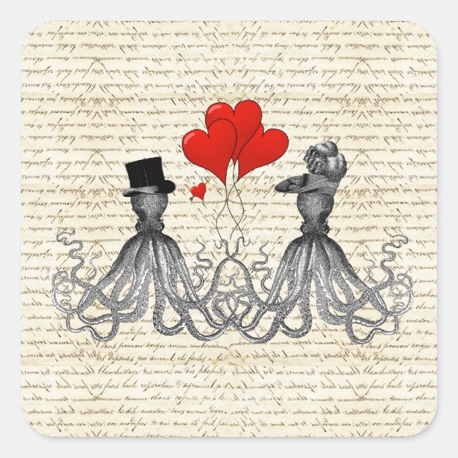 Sticker Carré poulpe vintage et coeurs (Devant)