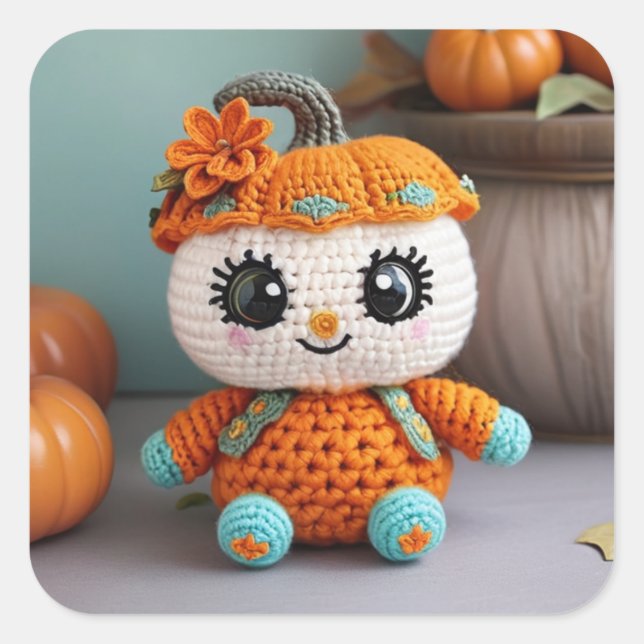 Sticker Carré Poupée Crochetée Citrouille adorable : Amigurumi P (Devant)