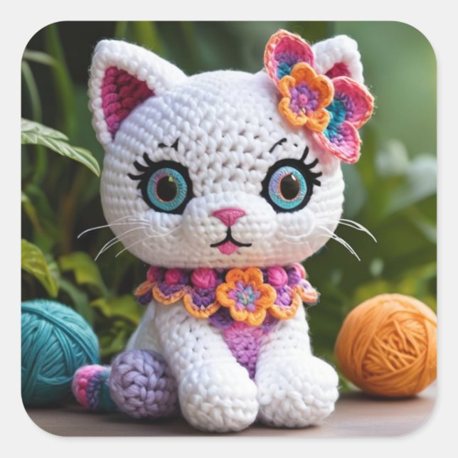 Sticker Carré Poupée de crochet Kitty Amigurumi Couleurs pastel  (Devant)