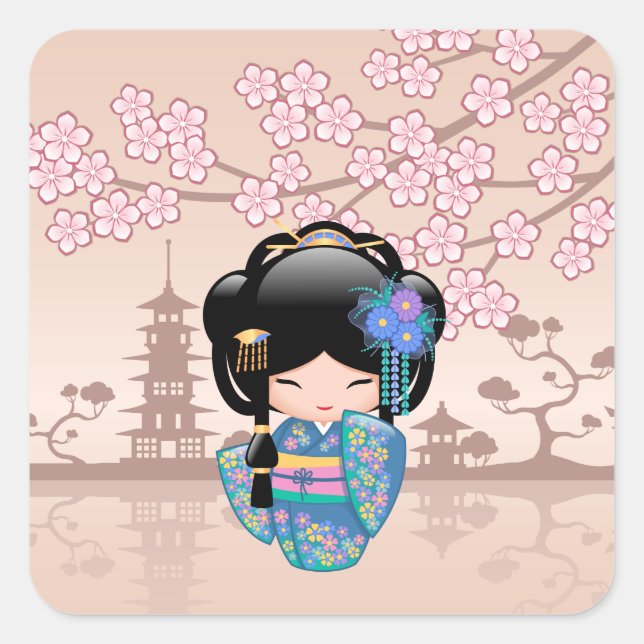 Sticker Carré Poupée Keiko Kokeshi - Blue Kimono Geisha Girl (Devant)