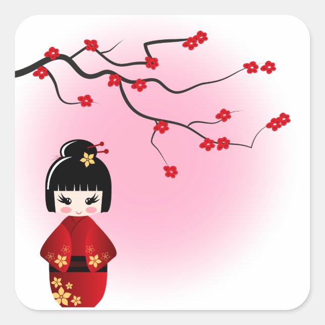 Sticker Carré Poupée kokeshi japonaise aux fleurs de sakura (Devant)