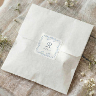 Sticker Carré Poussiéreux Bleu Floral Français Monogramme Mariag