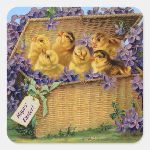 Sticker Carré Poussins de Pâques dans un panier