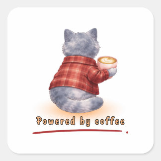 Sticker Carré "Powered by Coffee" Cat Holding A Cup of Coffee