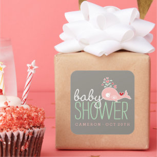 Sticker Carré Pregnant rose maman baleine Fête de Baby shower fi