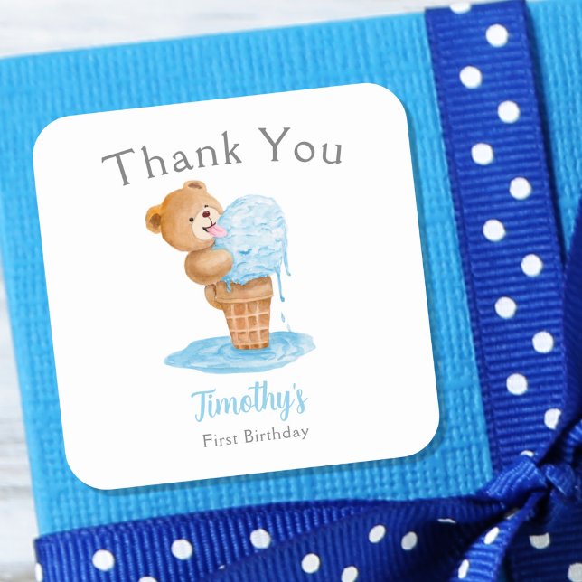 Sticker Carré Premier anniversaire Boy Teddy Bear Crème de glace (Créateur téléchargé)