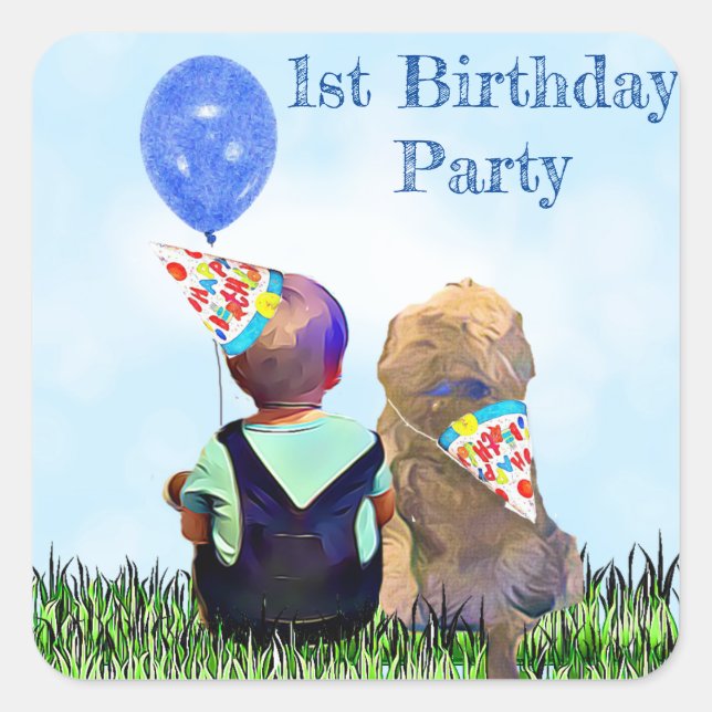 Sticker Carré Premier anniversaire garçon et chien (Devant)