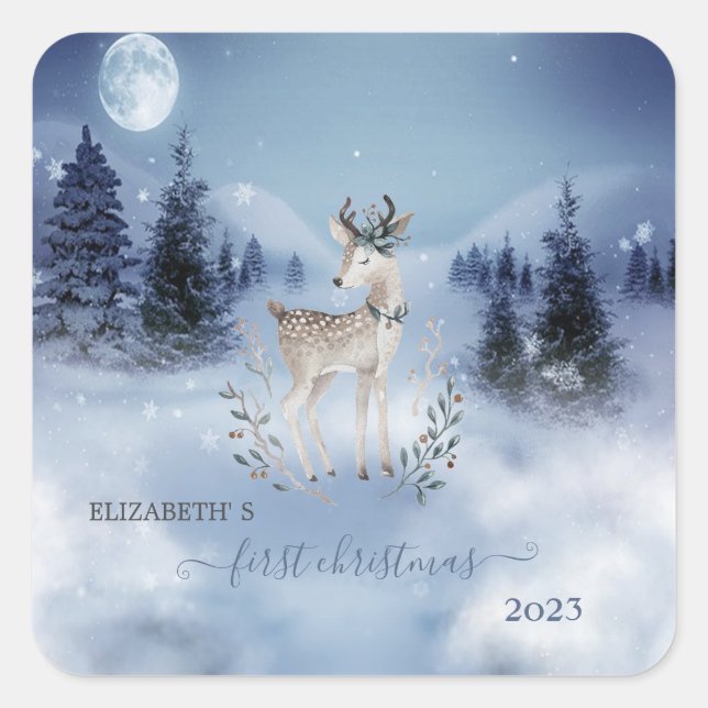 Sticker Carré Premier Noël, Cerf de Bébé, Paysage hivernal (Devant)
