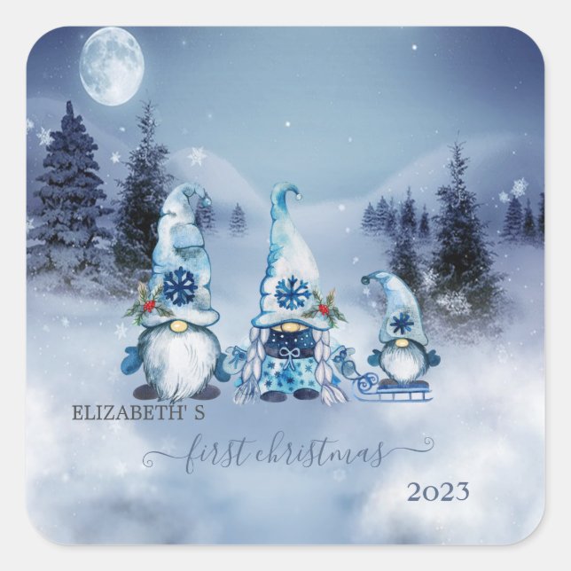 Sticker Carré Premier Noël, Paysage d'hiver, Gnomes Bleus (Devant)