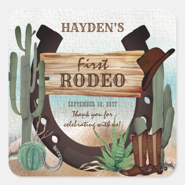 Sticker Carré Premier Rodeo Cowboy Western Boy 1ère fête d'anniv (Devant)