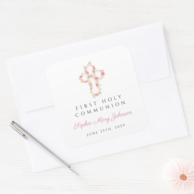 Sticker Carré Première communion de la croix florale rose élégan (Enveloppe)