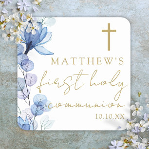 Sticker Carré Première communion élégante florale bleu poussiére