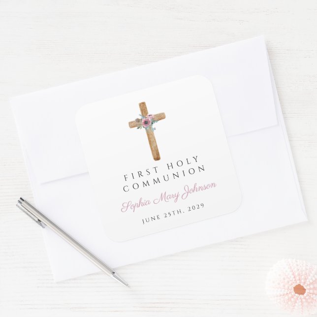 Sticker Carré Première communion féminine florale moderne (Enveloppe)