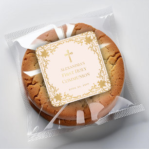 Sticker Carré Première communion fille Rose Or Orné Vintage