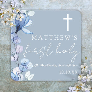 Sticker Carré Première communion florale élégante bleu poussiére