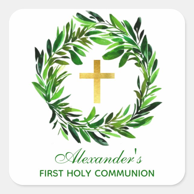 Sticker Carré Première Communion Verdure Wreath Gold Cross Folia (Devant)